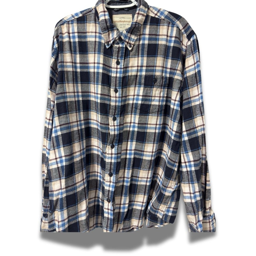 Weatherproof Vintage Blue and Beige Plaid Flannel Shirt | Size XXL